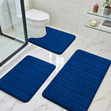 3-Piece Navy Memory Foam Bath Mat Set, Super Soft Non-Slip Bathroom Floor Rugs