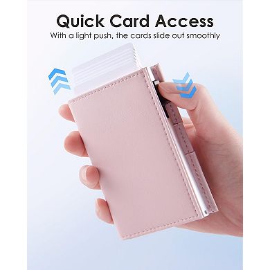 Women Slim RFID Blocking Leather Trifold Wallet Pop Up Card Holder Minimalist Front Pocket