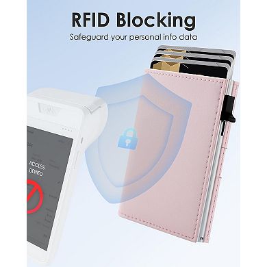 Women Slim RFID Blocking Leather Trifold Wallet Pop Up Card Holder Minimalist Front Pocket