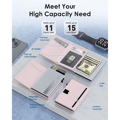 Women Slim RFID Blocking Leather Trifold Wallet Pop Up Card Holder Minimalist Front Pocket