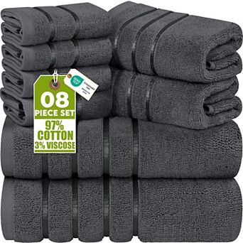 8 pc Luxury Towel Set 600GSM Cotton Viscose Stripe Bath Hand Washcloth Grey