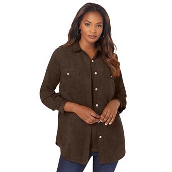 Roaman's Women's Plus Size Extended Plus Size Faux Suede Button-Front Shirt