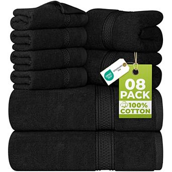 8 pc Cotton Towel Set 2 Bath 2 Hand 4 Washcloths Soft Absorbent Ring Spun Quick Dry Black