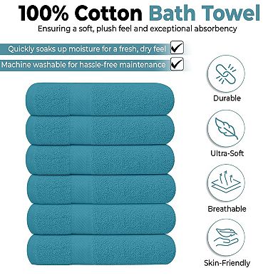 6 Pack Bath Towels 27x54 Inches 100% Cotton Quick Dry Highly Absorbent Lightweight Ring Spun Teal