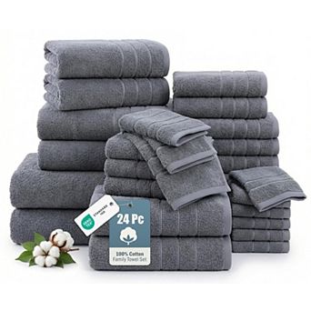 24 pc Cotton Towel Set - Bath Sheets Gym Hand Washcloth Fingertip Hotel Spa Soft Absorbent Cool