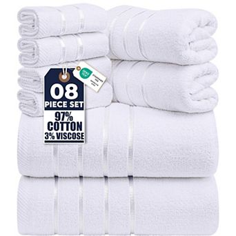 8 pc Luxury Towel Set 600GSM Cotton Viscose Stripe Bath Hand Washcloths White