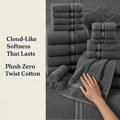 18-Pack Cotton Towel Set Zero Twist 550 GSM Absorbent Soft Hotel Spa Quality