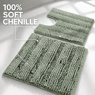 2 Piece Bathroom Rug Set Ultra Thick Non Slip Absorbent Striped Washable Bath Mats