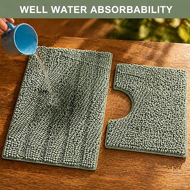 2 Piece Bathroom Rug Set Ultra Thick Non Slip Absorbent Striped Washable Bath Mats