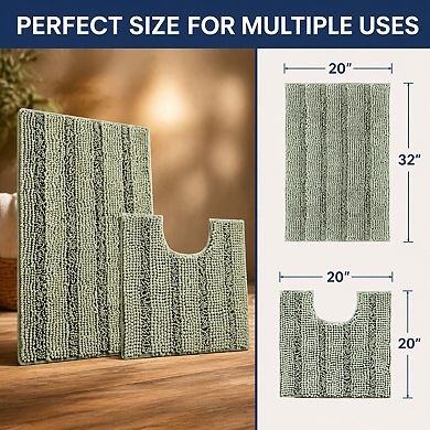 2 Piece Bathroom Rug Set Ultra Thick Non Slip Absorbent Striped Washable Bath Mats