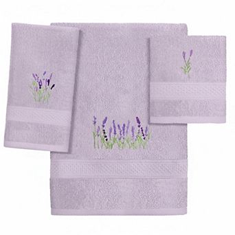 3 Lavender Floral Embroidered Cotton Towel Set Farmhouse Vintage Absorbent Bath Towels