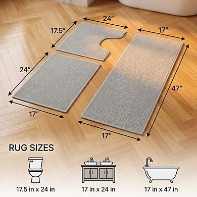 3 Piece Bathroom Rugs Set Quick Dry Thin Non Slip Absorbent Machine Washable Geometric Design