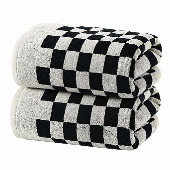 2 pc Black White Checkered Bath Towel Set 600GSM Highly Absorbent 100% Cotton