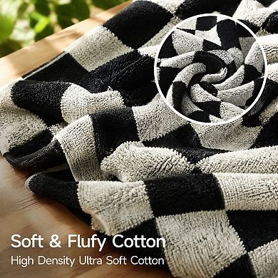 2 Piece Black White Checkered Bath Towel Set 600GSM Highly Absorbent 100% Cotton