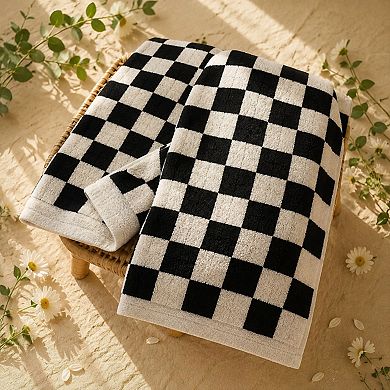 2 Piece Black White Checkered Bath Towel Set 600GSM Highly Absorbent 100% Cotton