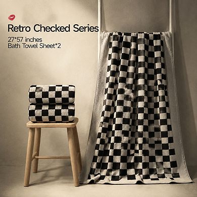 2 Piece Black White Checkered Bath Towel Set 600GSM Highly Absorbent 100% Cotton