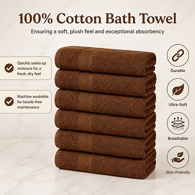 6 Pack Cotton Bath Towel Set Quick Dry Highly Absorbent Machine Washable Multi Use