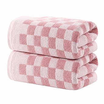 2 pc Pink Checkered Bath Towel Set Highly Absorbent Cotton Ultra Soft Retro Decor
