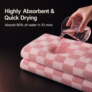 2 Piece Pink Checkered Bath Towel Set Highly Absorbent Cotton Ultra Soft Retro Decor