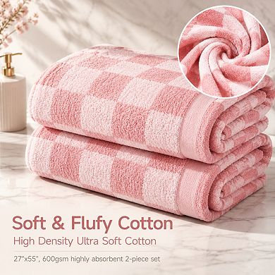 2 Piece Pink Checkered Bath Towel Set Highly Absorbent Cotton Ultra Soft Retro Decor