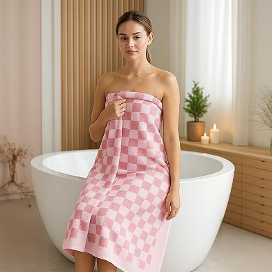 2 Piece Pink Checkered Bath Towel Set Highly Absorbent Cotton Ultra Soft Retro Decor