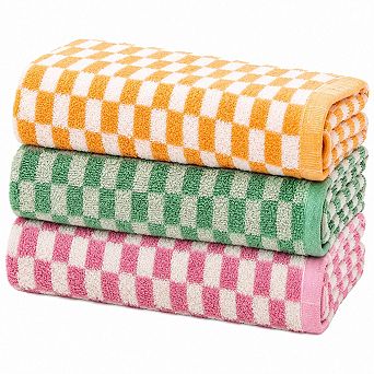 3 pc Checkered Cotton Bath Towel Set Soft Absorbent Quick Dry