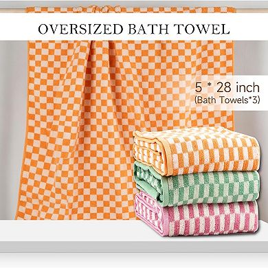 3 Piece Checkered Cotton Bath Towel Set Soft Absorbent Quick Dry