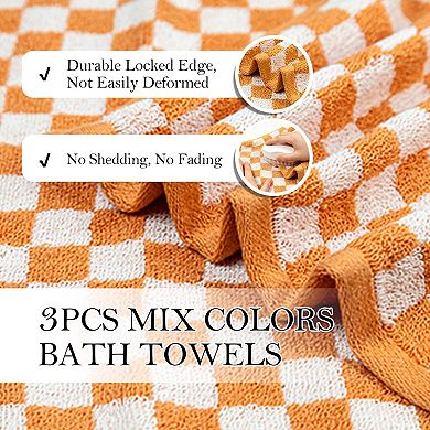 3 Piece Checkered Cotton Bath Towel Set Soft Absorbent Quick Dry
