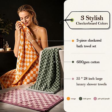 3 Piece Checkered Cotton Bath Towel Set Soft Absorbent Quick Dry