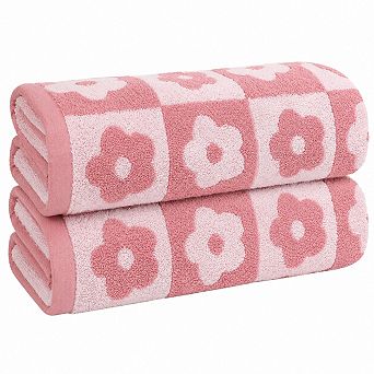 2 Pack Checkered Floral Luxury Cotton Bath Towels Absorbent Quick Dry