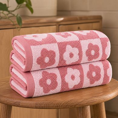 2 Pack Checkered Floral Luxury Cotton Bath Towels Absorbent Quick Dry