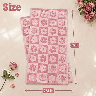 2 Pack Checkered Floral Luxury Cotton Bath Towels Absorbent Quick Dry