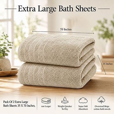 2 Pack Extra Large Bath Sheets Super Soft Absorbent Quick Dry Lightweight Cotton Towels