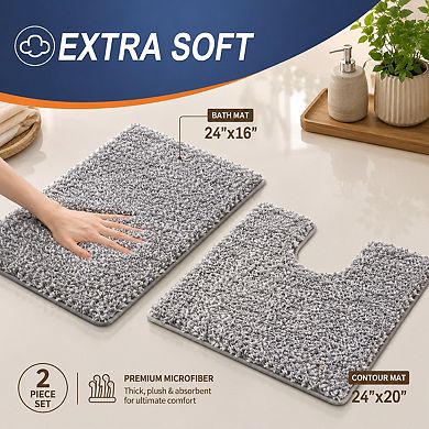 2 Piece Microfiber Bath Mat Set Soft Absorbent Non Slip Quick Dry Washable