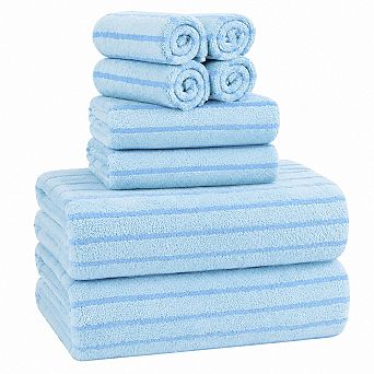 8 pc Blue Cabana Stripe Towel Set Soft Absorbent Quick Dry For Home Spa Gym