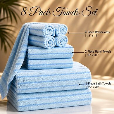 8 Piece Blue Cabana Stripe Towel Set Soft Absorbent Quick Dry For Home Spa Gym