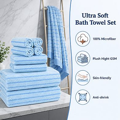 8 Piece Blue Cabana Stripe Towel Set Soft Absorbent Quick Dry For Home Spa Gym