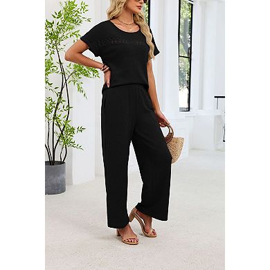 Women's Crew Neck Short Sleeve Pants Two Piece Lounge Set Casual