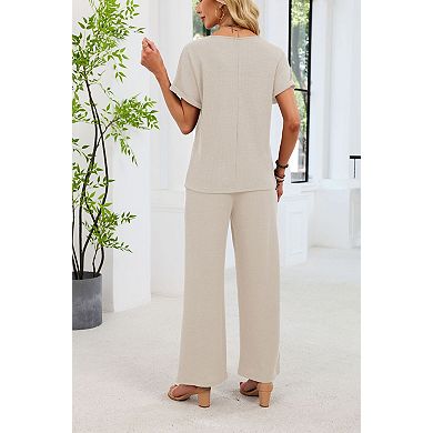 Women's Crew Neck Short Sleeve Pants Two Piece Lounge Set Casual