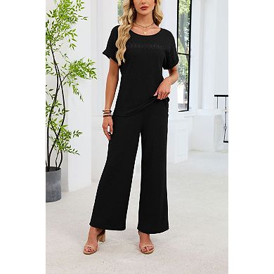 Women's Crew Neck Short Sleeve Pants Two Piece Lounge Set Casual