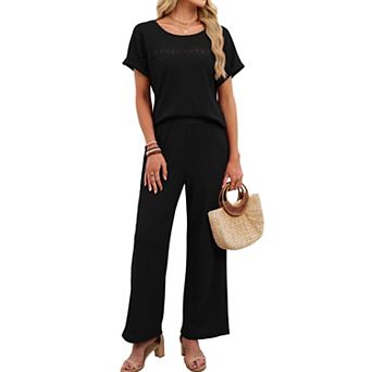 Women's Crew Neck Short Sleeve Pants Two Piece Lounge Set Casual