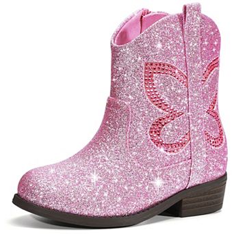 HOMEHOT Girls Glitter Ankle Boots Western Cowgirl Shoes With Side Zipper