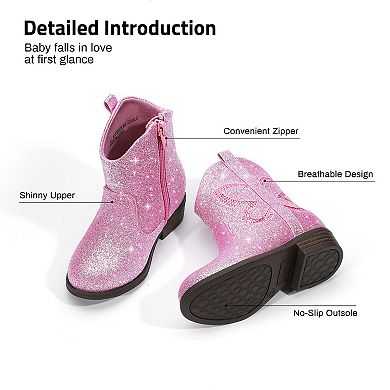 HOMEHOT Girls Glitter Ankle Boots Western Cowgirl Shoes With Side Zipper