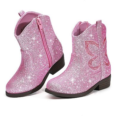 HOMEHOT Girls Glitter Ankle Boots Western Cowgirl Shoes With Side Zipper
