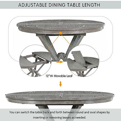 Merax 5-Piece Retro Functional Dining Table Set Extendable Round Table and 4 Upholstered Chairs