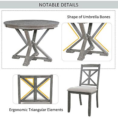 Merax 5-Piece Retro Functional Dining Table Set Extendable Round Table and 4 Upholstered Chairs