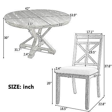 Merax 5-Piece Retro Functional Dining Table Set Extendable Round Table and 4 Upholstered Chairs