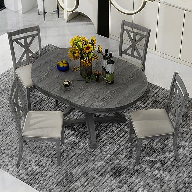 Merax 5-Piece Retro Functional Dining Table Set Extendable Round Table and 4 Upholstered Chairs