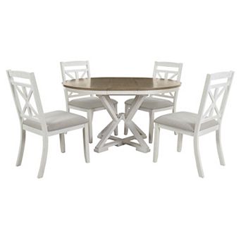 Merax 5 pc Retro Functional Dining Table Set Extendable Round Table and 4 Upholstered Chairs
