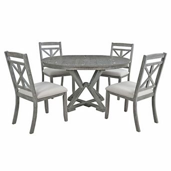Merax 5 pc Retro Functional Dining Table Set Extendable Round Table and 4 Upholstered Chairs